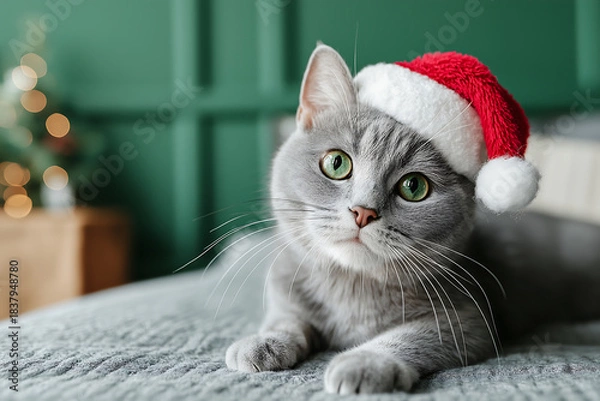 Fototapeta Grey tabby cat wearing a Santa hat, posing indoors with a green background and blurry Christmas tree lights, creating a cozy holiday atmosphere for a winter celebration
