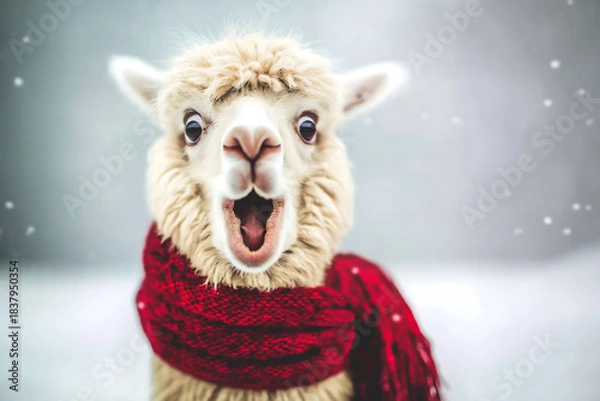 Fototapeta Alpaca wearing a red scarf and looking surprised or shocked with mouth open, standing in light falling snow during winter