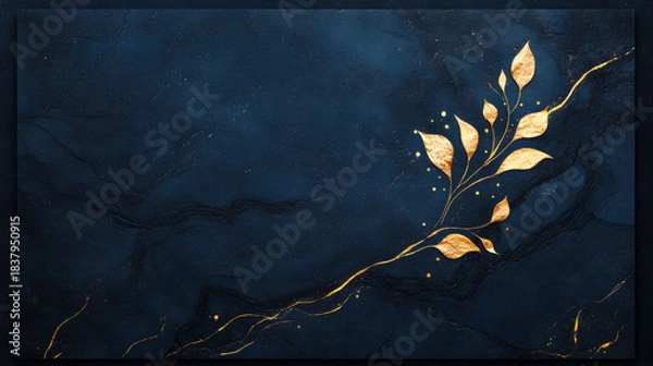 Fototapeta Abstract luxury dark blue and gold marble stone texture with shimmering golden veins and leaves, concept of elegant artistic design and background