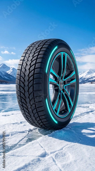 Fototapeta Winter car tire with aggressive tread pattern on snowy mountain road. Modern wheel with cyan rim against blue sky and snow-covered alpine vertical landscape. Concept of safe winter driving