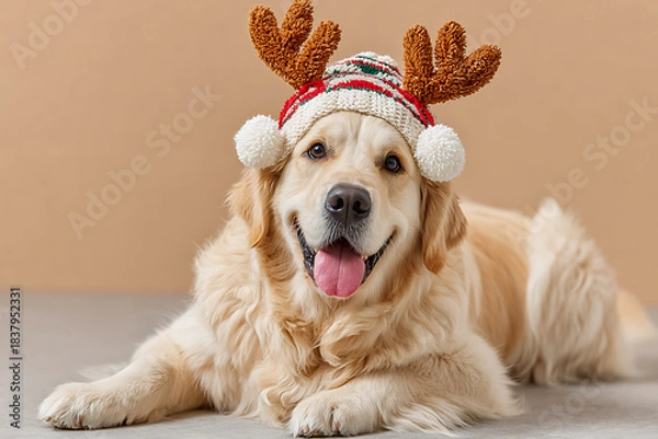 Fototapeta Golden retriever wearing a festive knitted reindeer hat with antlers and pom-poms, lying on the floor and smiling at the camera, conveying holiday cheer and warmth