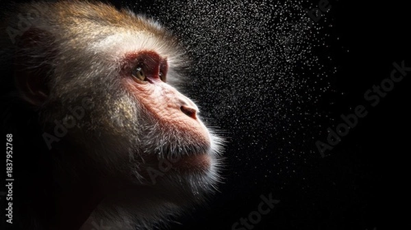 Obraz A primate profile is side-lit, with light illuminating fur. Tiny water droplets are frozen in mid-air