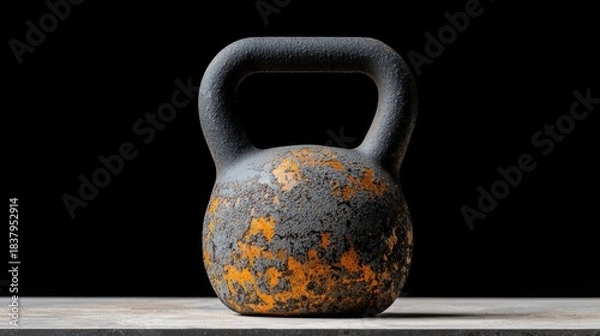 Obraz A weathered, metallic weight, with peeling grey paint revealing orange underlayer, sits on a stone surface against black