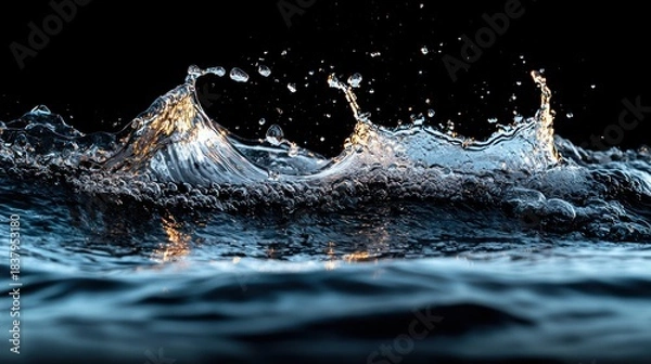 Obraz Dynamic shot captures water cresting, forming a wave with droplets suspended mid-air against a black background