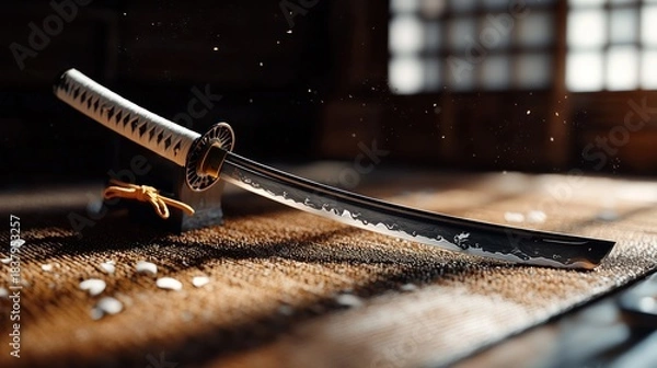 Obraz An ornate Japanese katana rests on a wooden display, capturing the sunlight. Details show intricate guard and a focused blade