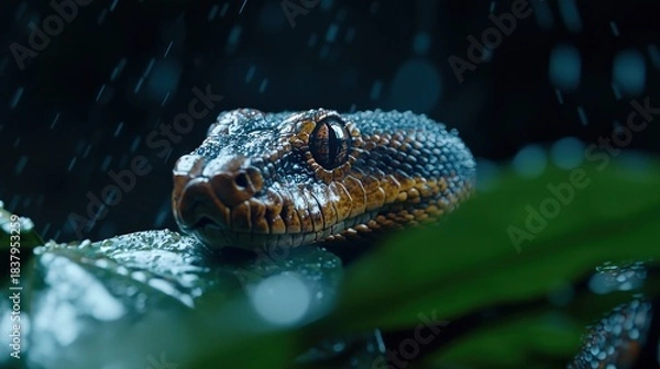 Obraz A close-up of a snake's head with orange and black scales amid rain drops on leaves. Dark background
