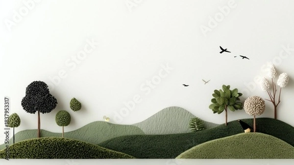 Obraz A textured, handcrafted landscape art piece, featuring rolling hills with trees, birds, and intricate details against a plain background