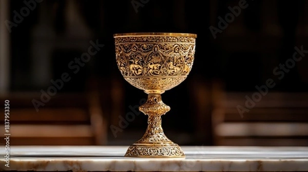 Obraz Ornate golden chalice, heavily decorated with relief carvings, rests on a marble surface, with a dark blurred background