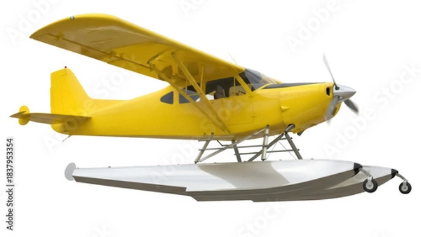 Fototapeta Isolated Yellow Floatplane ready for takeoff or landing near water bodies and lakes on pontoons