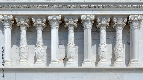 Obraz Ornate white marble balustrade with detailed columns and floral carvings, repeating pattern in sunlight