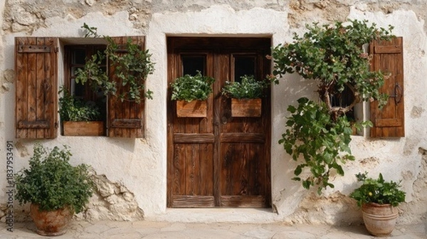 Obraz Rustic facade of a building with weathered wooden door, shutters, and flowering plants in pots and window boxes