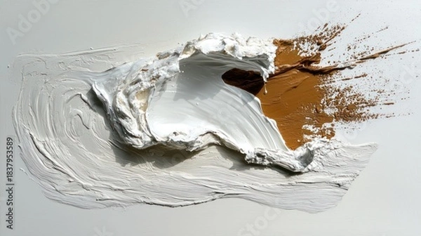 Obraz Textured art piece of thick, sculpted paint in white, brown, and cream tones, creating an abstract, flowing composition