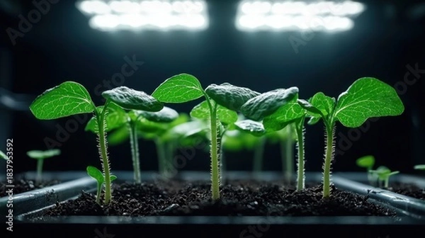 Obraz Close-up of seedlings in a black tray under artificial light. The young plants have green leaves and are in dark soil