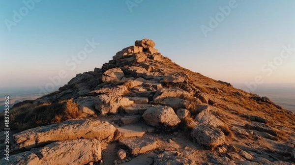 Obraz A stone path ascends a mountain ridge, leading to a summit of stacked rocks under a clear, warm-toned sky