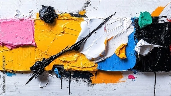 Obraz Abstract impasto painting bursts with vibrant, textured blocks of color, a dark streak bisecting the composition