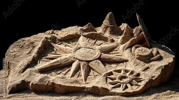 Obraz A detailed sand sculpture depicts a map island with compasses, mountains, and ship elements against a black backdrop
