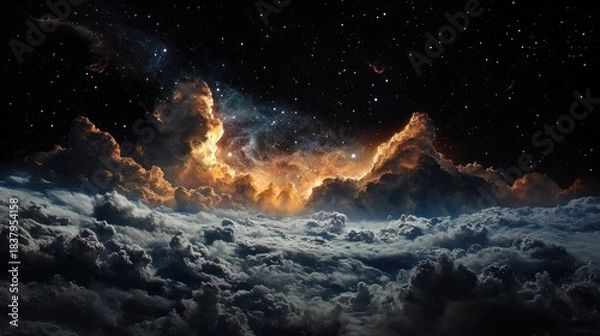 Obraz Dramatic vista showcasing a swirling cosmos behind towering, illuminated cloud formations, evoking a sense of wonder