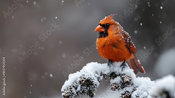 Obraz A vibrant red bird perches on a snow-covered branch during a gentle snowfall, its feathers puffed against the cold