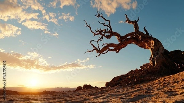 Obraz An ancient, gnarled tree perched on a desolate hill, silhouetted against a radiant sunset sky. Desert landscape