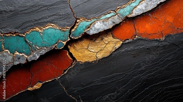 Obraz Abstract composition with cracked stone-like textures. Vibrant colors fill fissures, framed by dark, rough surfaces