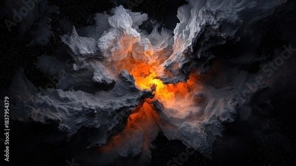 Obraz A swirling, explosive composition of gray and white smoke engulfs a core of fiery orange light against a black backdrop