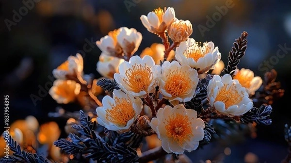 Obraz Close-up of delicate white flowers with orange centers, bathed in sunlight against a soft, dark background