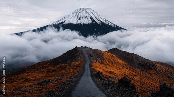 Obraz A winding path ascends a ridge with autumn colors. A snow-capped peak rises majestically through thick, low-lying clouds