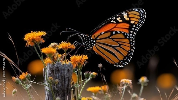 Obraz A vibrant monarch butterfly with orange and black wings, perched atop a weathered fence post covered in yellow wildflowers, set against a dark background