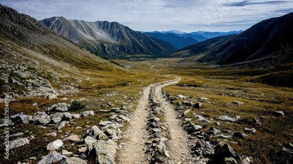 Obraz A dirt road winds through a vast, grassy valley towards distant, rugged mountain peaks under a cloudy sky