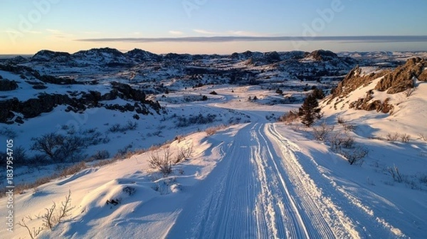 Obraz Snow-covered road leads down a hillside, through a valley, and towards distant mountain peaks under a clear sky