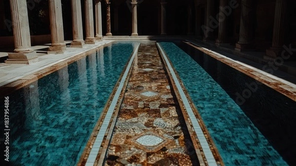 Obraz Long, rectangular pool with a mosaic walkway flanked by columns. Sunlight casts shadows on the water's surface