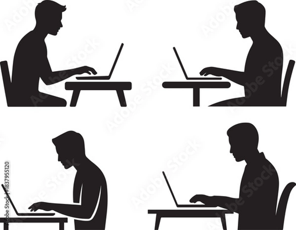 Fototapeta Silhouette of person working at desk with laptop computer focused on work