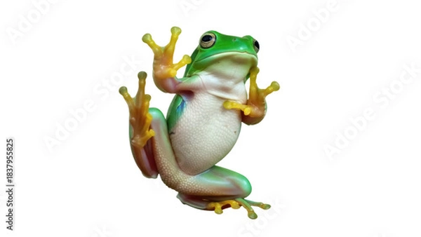 Fototapeta Isolated Green Tree Frog clinging to surface, close-up view of amphibian with adhesive toe pads