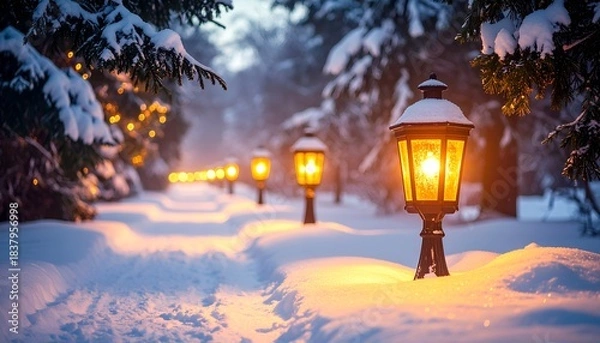 Obraz Winter Snowy Path with Warm Lantern Light
