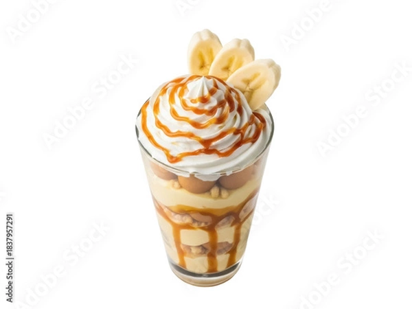 Fototapeta Isolated banana pudding parfait with whipped cream and caramel sauce for dessert snack