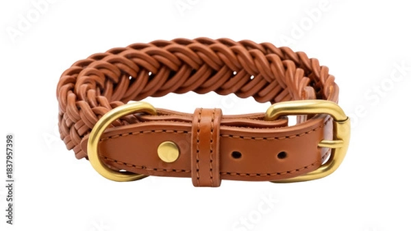 Fototapeta Isolated brown leather dog collar with braid pattern and gold colored buckle and loop on a plain backdrop