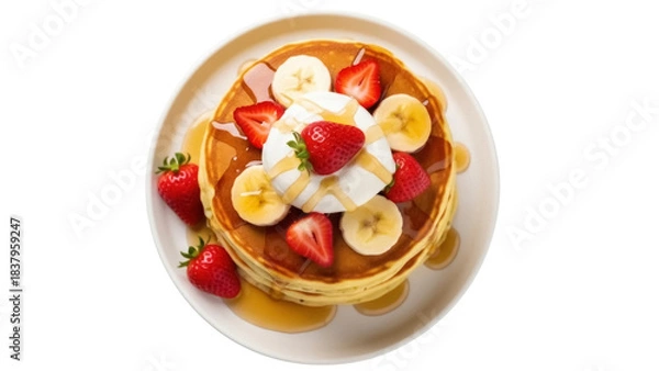 Obraz Isolated stack of pancakes with strawberries, bananas, whipped cream, maple syrup, and plate