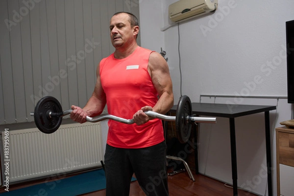 Obraz Man doing biceps curls with EZ bar