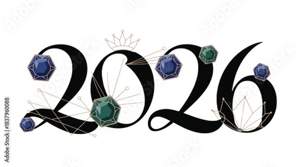 Fototapeta 2026 Typography Design: A stylish typography design, representing the year 2026, embellished with sparkling gems and a delicate crown. A symbol of anticipation and looking forward.