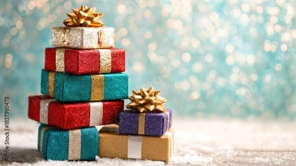 Obraz Colorful Christmas Gift Boxes with Glitter and Bows on a Sparkling Background for Holiday Festivities and Celebrations