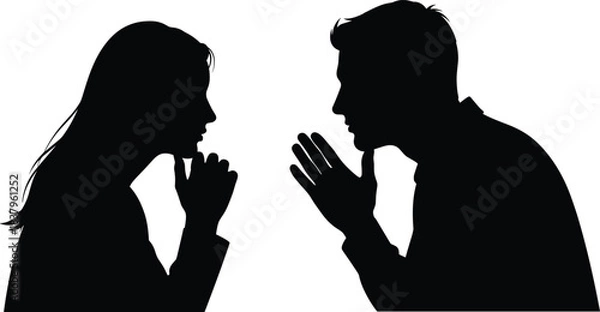 Fototapeta Silhouette man and woman talking, communication and discussion concept, conversation between two people, dialogue interaction illustration, black figures isolated on white background
