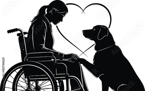 Fototapeta Silhouette woman in wheelchair with service dog, emotional support animal concept, compassion and disability care illustration, heart symbol connection, black figures on white background