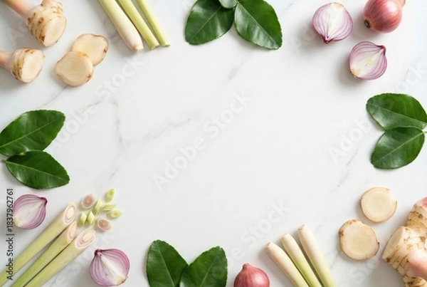 Obraz Fresh Thai food ingredients frame with galangal lemongrass kaffir lime leaves and red shallots on white marble background top view flat lay concept for tom yum spicy soup recipe