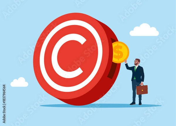 Obraz Businessman putting coin in copyright symbol. Intellectual property and legislation. Patent office. Legal consultation. Intellectual property defence. Flat vector illustration