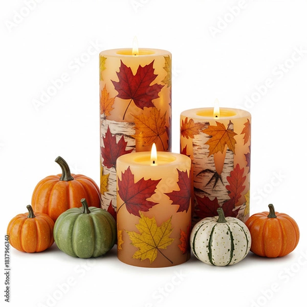 Obraz Autumn Harvest Glow Decorative Pillar Candles with Fall Leaf Designs and Assorted Pumpkins for Seasonal Home Decor and Ambiance