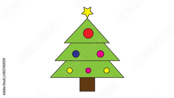 Fototapeta Cartoon Christmas Tree with Ornaments and Star Topper Vector Illustration