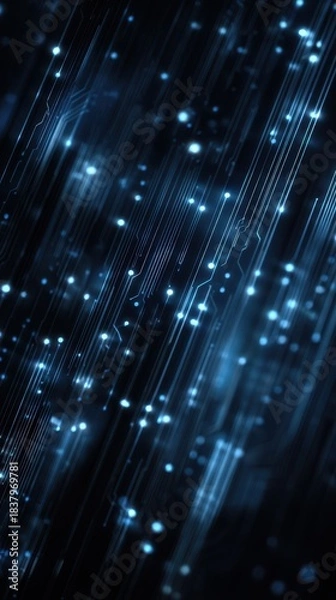 Obraz Blue falling digital particles and light lines, matrix data technology abstract background, vertical 9:16 mobile wallpaper background