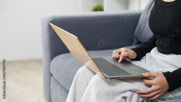 Obraz 部屋でノートパソコンを使う女性