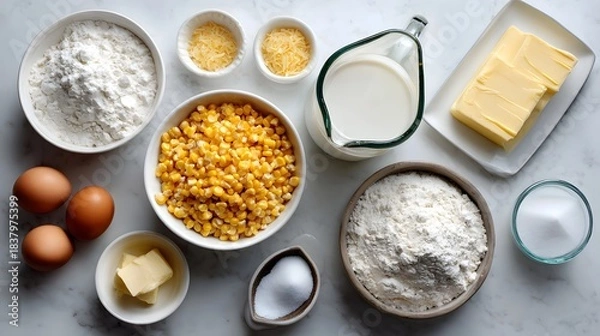 Obraz Overhead flatlay of corn casserole ingredients
