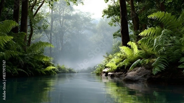 Obraz Misty tropical river flows through lush jungle